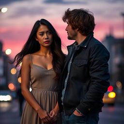 A poignant scene capturing the emotions of a love breakup, featuring a couple standing on a city street at dusk