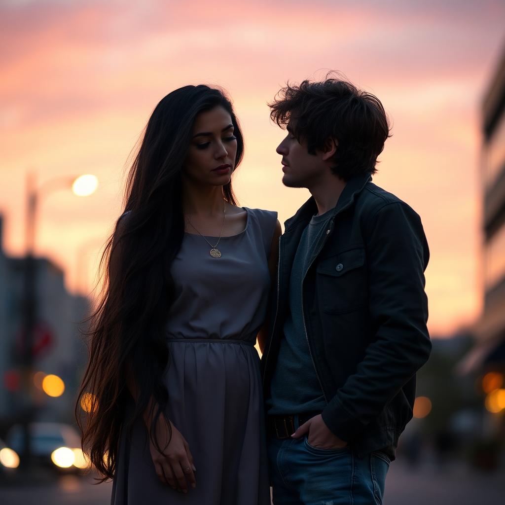 A poignant scene capturing the emotions of a love breakup, featuring a couple standing on a city street at dusk