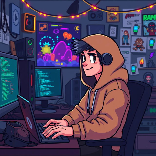 A 2D pixel art scene featuring a game developer character wearing a hooded sweatshirt