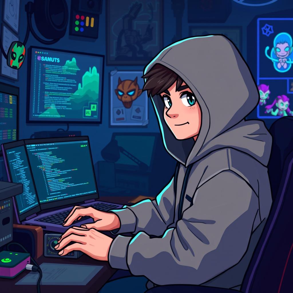 A 2D pixel art scene featuring a game developer character wearing a hooded sweatshirt