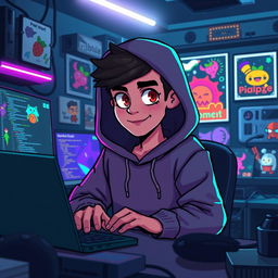 A 2D pixel art scene featuring a game developer character wearing a hooded sweatshirt