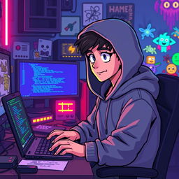 A 2D pixel art scene featuring a game developer character wearing a hooded sweatshirt