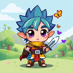 A cute and colorful 2D pixel art character with large expressive eyes, wearing a vibrant outfit that combines elements of a fantasy warrior and a playful adventurer