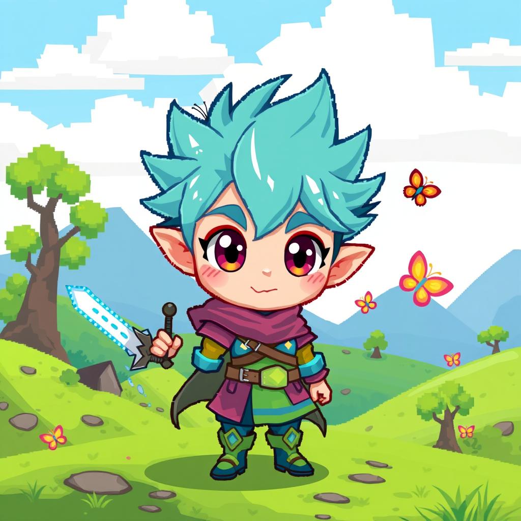 A cute and colorful 2D pixel art character with large expressive eyes, wearing a vibrant outfit that combines elements of a fantasy warrior and a playful adventurer