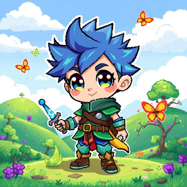 A cute and colorful 2D pixel art character with large expressive eyes, wearing a vibrant outfit that combines elements of a fantasy warrior and a playful adventurer