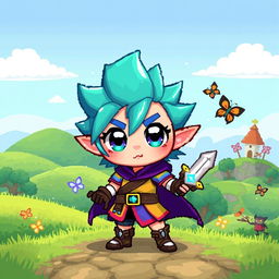 A cute and colorful 2D pixel art character with large expressive eyes, wearing a vibrant outfit that combines elements of a fantasy warrior and a playful adventurer