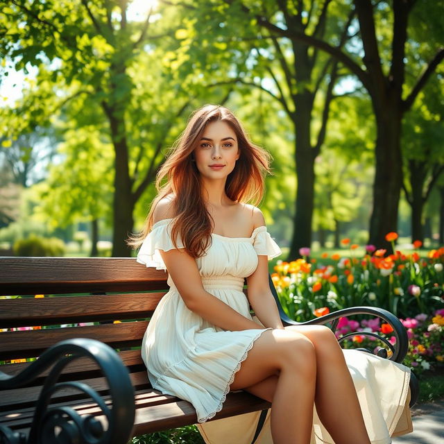 A stunning young lady sitting on a park bench, dressed in a flowing summer dress, surrounded by vibrant green trees and colorful flowers