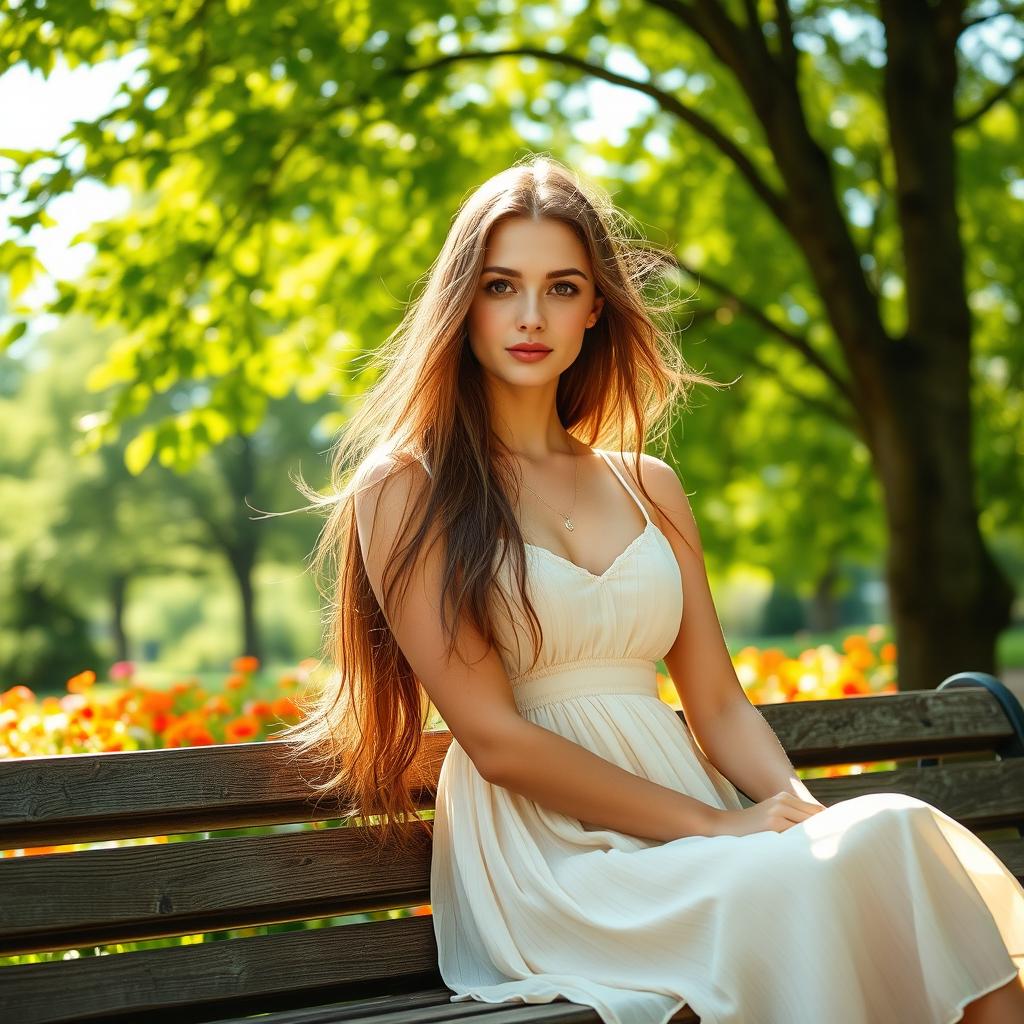 A stunning young lady sitting on a park bench, dressed in a flowing summer dress, surrounded by vibrant green trees and colorful flowers