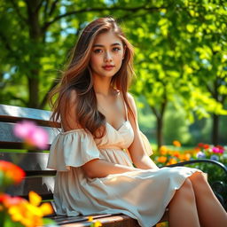 A stunning young lady sitting on a park bench, dressed in a flowing summer dress, surrounded by vibrant green trees and colorful flowers