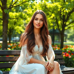 A stunning young lady sitting on a park bench, dressed in a flowing summer dress, surrounded by vibrant green trees and colorful flowers