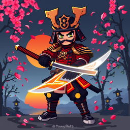 A striking 2D pixel art samurai character with a bold and dynamic stance