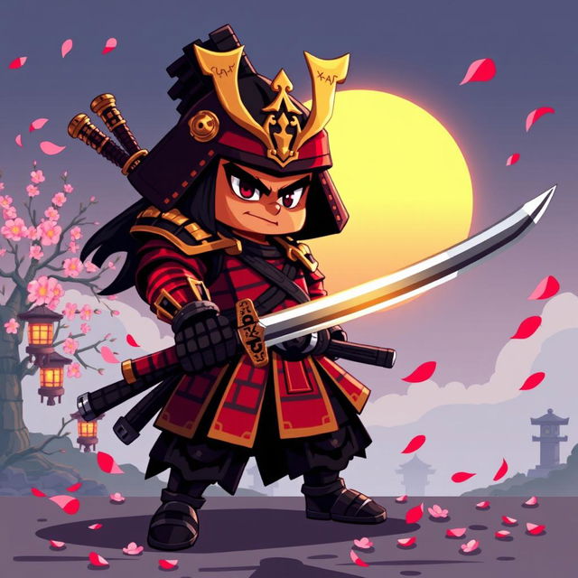 A striking 2D pixel art samurai character with a bold and dynamic stance