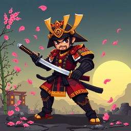 A striking 2D pixel art samurai character with a bold and dynamic stance