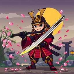 A striking 2D pixel art samurai character with a bold and dynamic stance