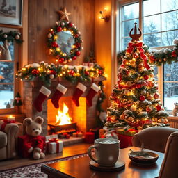 A cozy Christmas-themed photo featuring a beautifully decorated living room