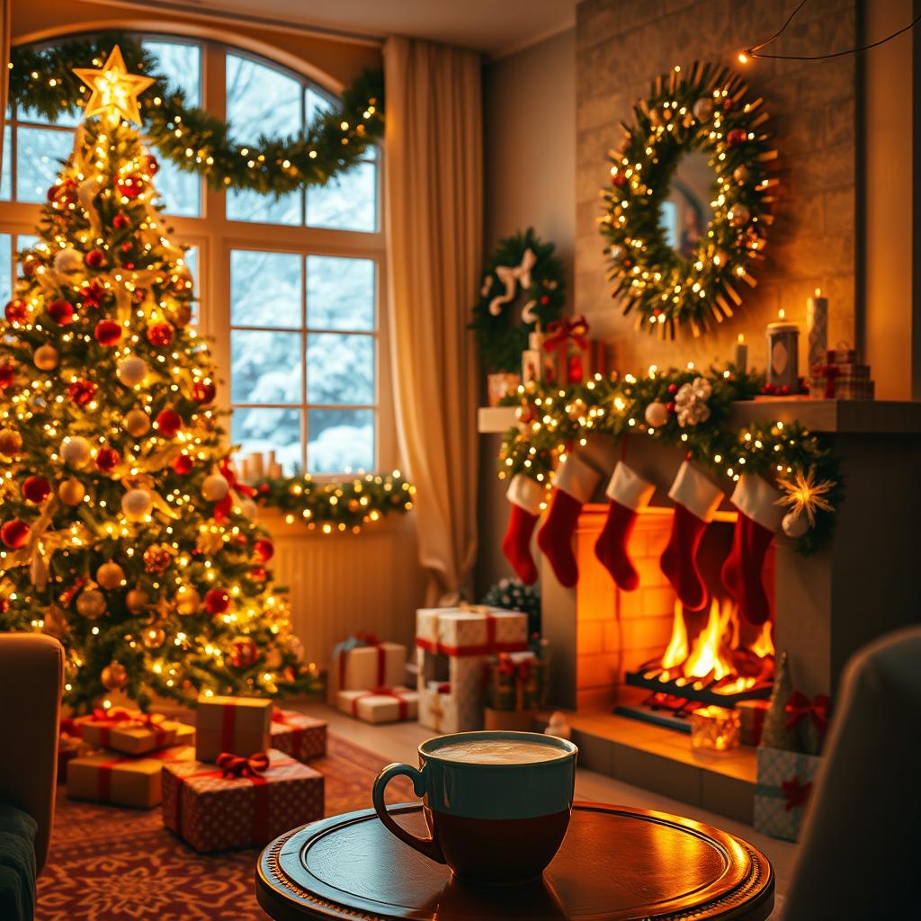 A cozy Christmas-themed photo featuring a beautifully decorated living room