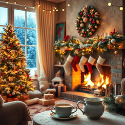 A cozy Christmas-themed photo featuring a beautifully decorated living room