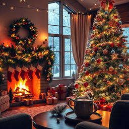 A cozy Christmas-themed photo featuring a beautifully decorated living room