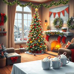 A cheerful winter scene featuring a cozy, decorated living room