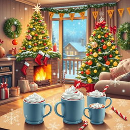 A cheerful winter scene featuring a cozy, decorated living room