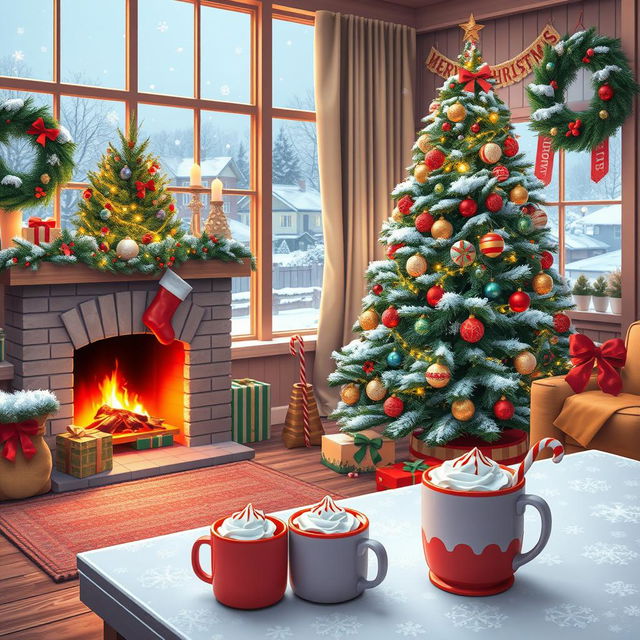 A cheerful winter scene featuring a cozy, decorated living room