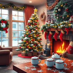 A cheerful winter scene featuring a cozy, decorated living room