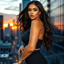 A beautiful young woman with exceptionally voluptuous features, showcasing her confident elegance