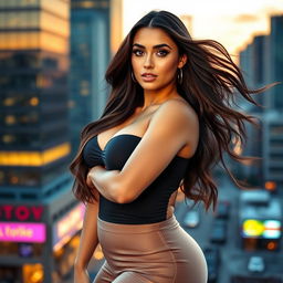 A beautiful young woman with exceptionally voluptuous features, showcasing her confident elegance