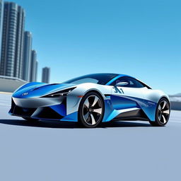 A sleek, futuristic 2-door sports car, featuring a striking blue and white paint job that shimmers in the sunlight