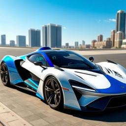A sleek, futuristic 2-door sports car, featuring a striking blue and white paint job that shimmers in the sunlight