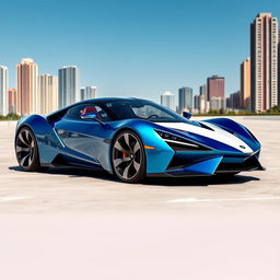 A sleek, futuristic 2-door sports car, featuring a striking blue and white paint job that shimmers in the sunlight