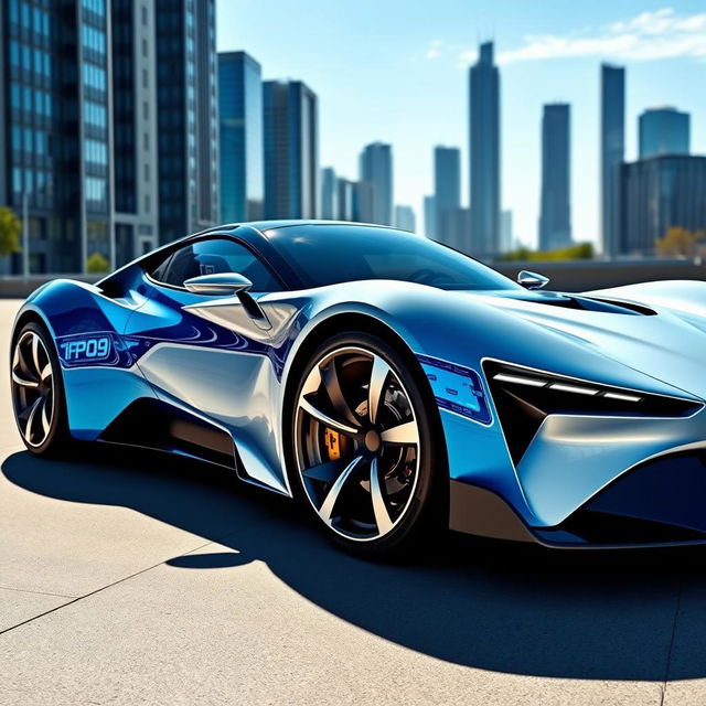 A sleek, futuristic 2-door sports car, featuring a striking blue and white paint job that shimmers in the sunlight