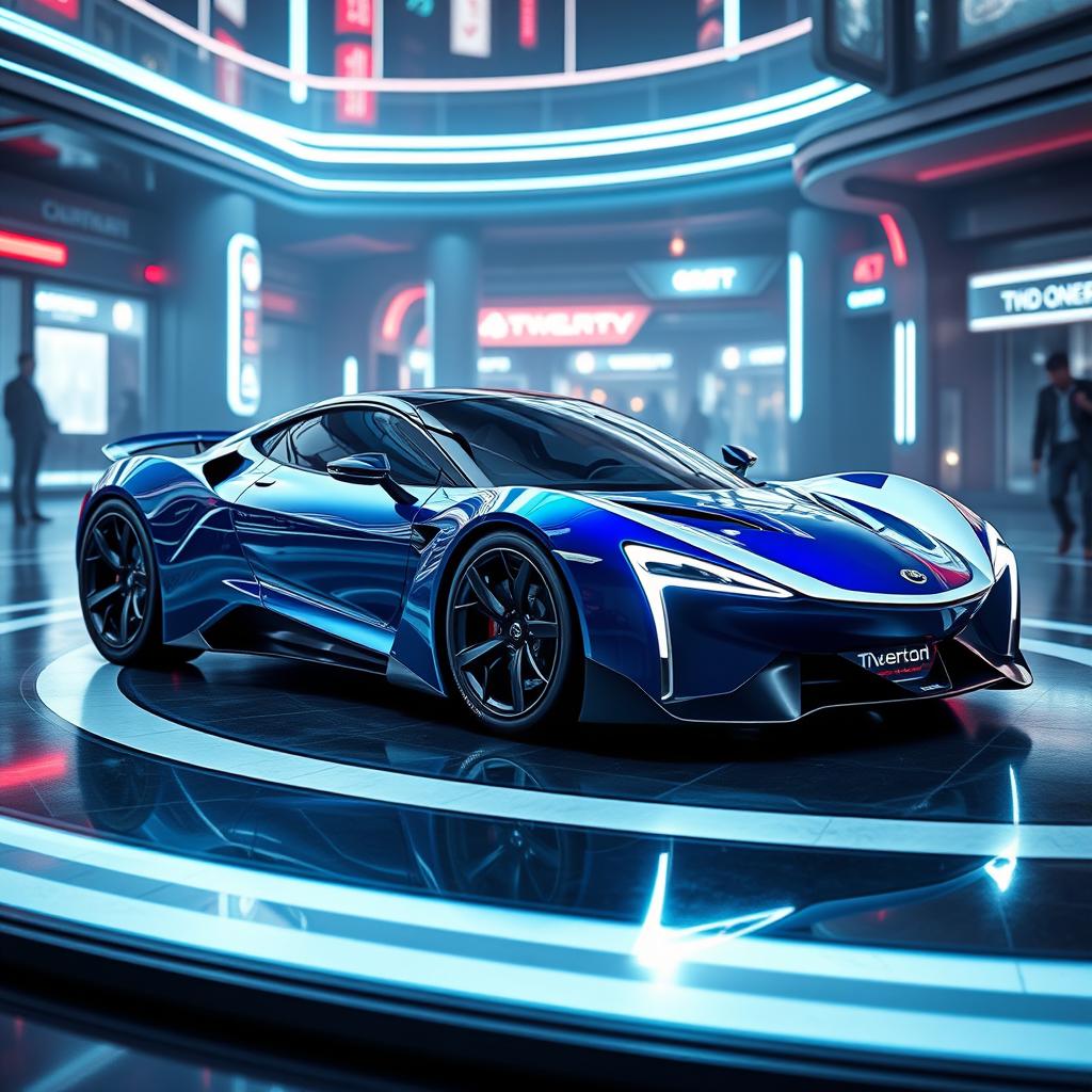 A stunning sci-fi 2-door sports car with a dynamic blue and white paint job, featuring sleek lines and an ultra-modern, aerodynamic design