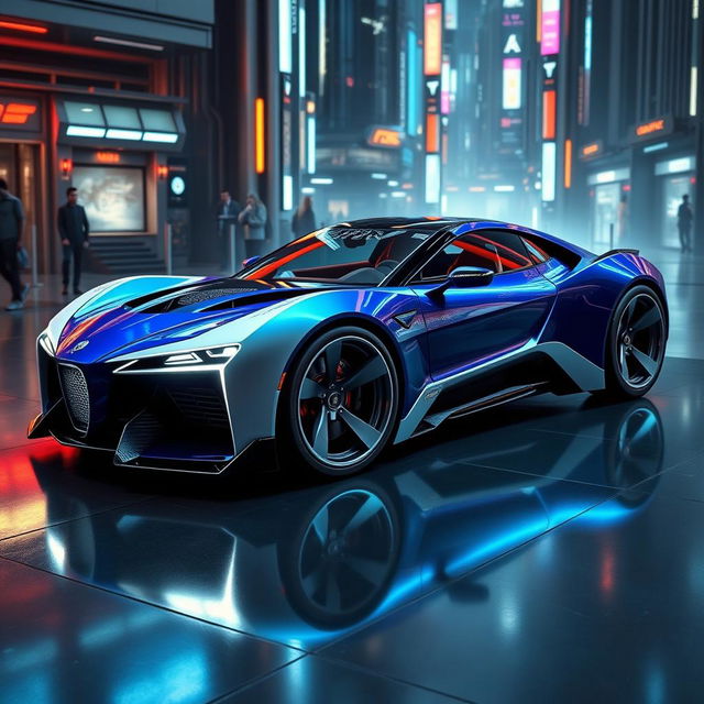 A stunning sci-fi 2-door sports car with a dynamic blue and white paint job, featuring sleek lines and an ultra-modern, aerodynamic design