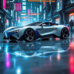 A stunning sci-fi 2-door sports car with a dynamic blue and white paint job, featuring sleek lines and an ultra-modern, aerodynamic design