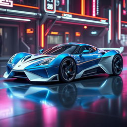 A stunning sci-fi 2-door sports car with a dynamic blue and white paint job, featuring sleek lines and an ultra-modern, aerodynamic design