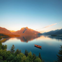 A stunning landscape featuring a serene lake surrounded by majestic mountains, with a clear blue sky reflecting in the water