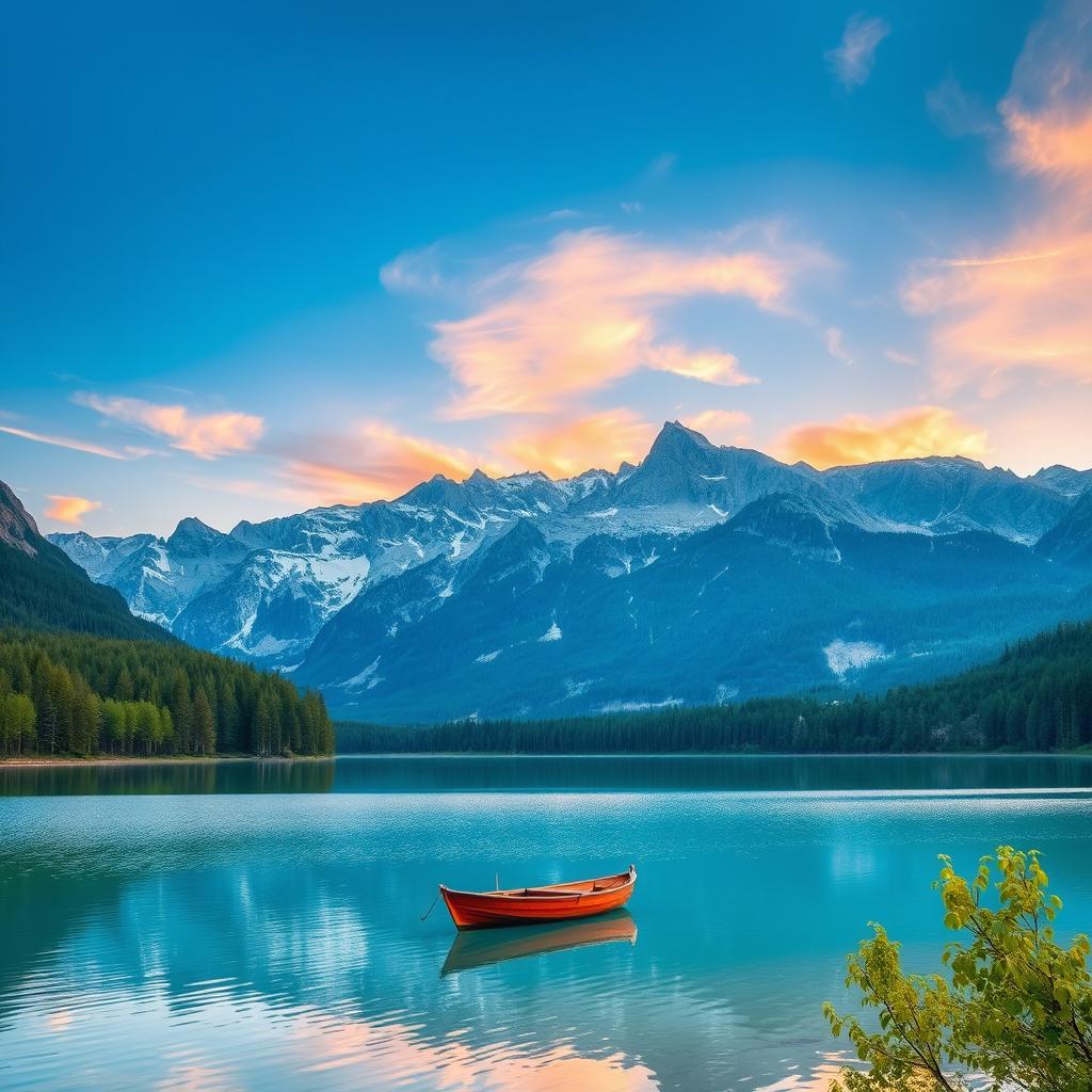 A stunning landscape featuring a serene lake surrounded by majestic mountains, with a clear blue sky reflecting in the water