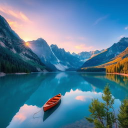 A stunning landscape featuring a serene lake surrounded by majestic mountains, with a clear blue sky reflecting in the water