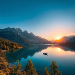 A stunning landscape featuring a serene lake surrounded by majestic mountains, with a clear blue sky reflecting in the water
