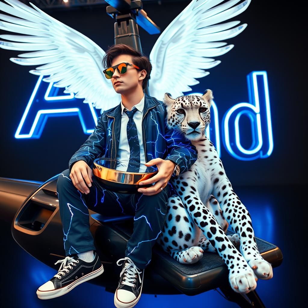 A handsome 20-year-old young man with sunglasses sits relaxed on a fantasy helicopter, wearing a t-shirt covered by a blue lightning-patterned jacket and a stylish tie