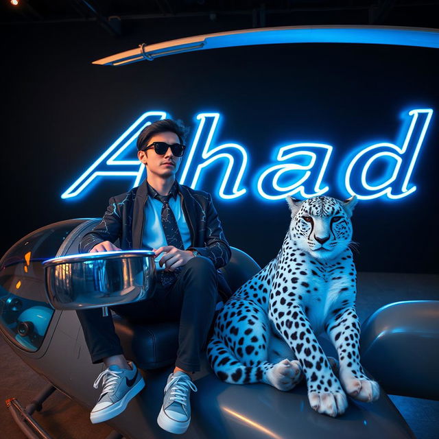 A handsome 20-year-old young man with sunglasses sits relaxed on a fantasy helicopter, wearing a t-shirt covered by a blue lightning-patterned jacket and a stylish tie