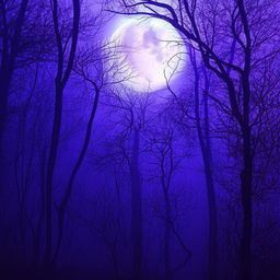 Mystical forest bathed in a purple and blue fog illuminated by a silver shimmering full moon.