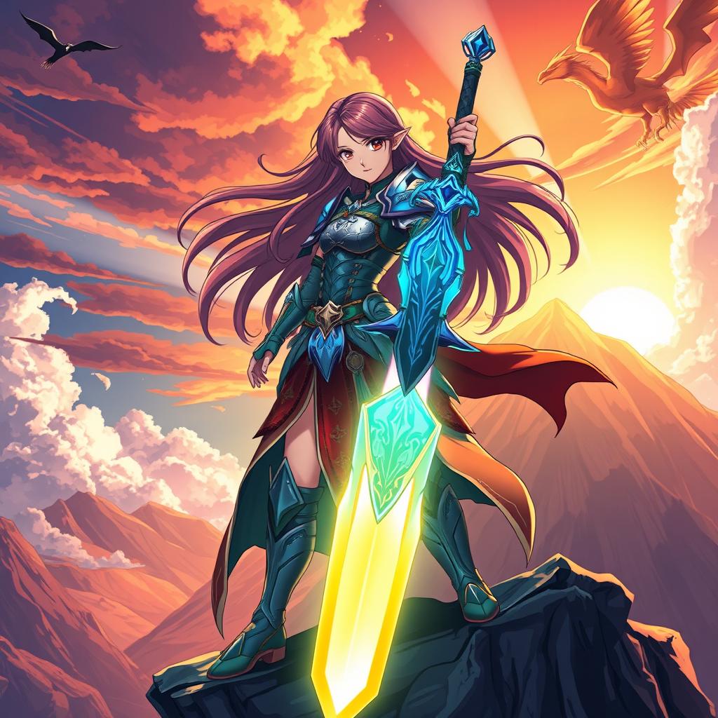 A vibrant and dynamic anime-style scene featuring a fierce female warrior with long flowing hair, dressed in intricate armor adorned with mystical symbols