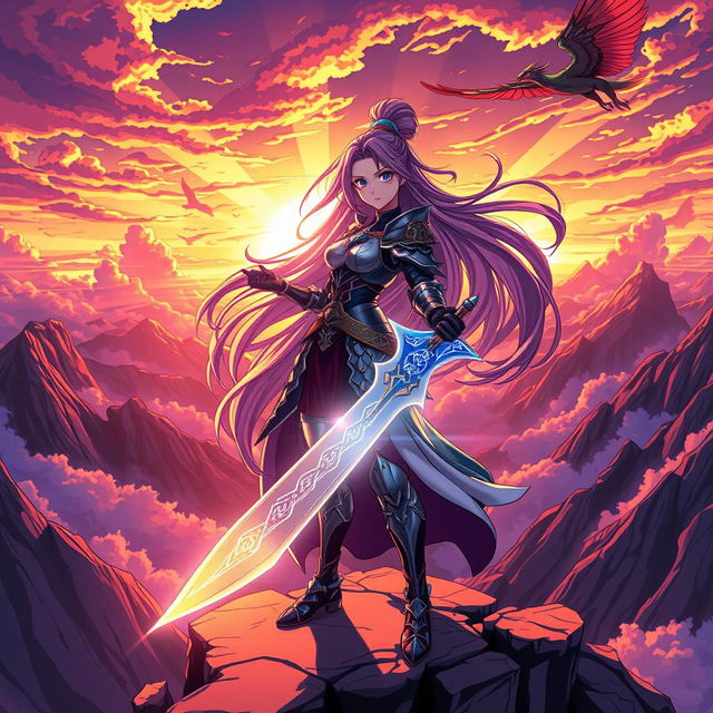 A vibrant and dynamic anime-style scene featuring a fierce female warrior with long flowing hair, dressed in intricate armor adorned with mystical symbols