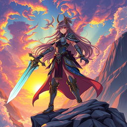 A vibrant and dynamic anime-style scene featuring a fierce female warrior with long flowing hair, dressed in intricate armor adorned with mystical symbols