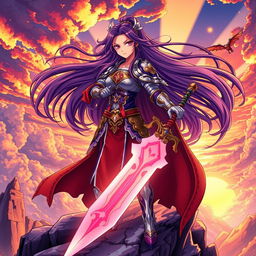 A vibrant and dynamic anime-style scene featuring a fierce female warrior with long flowing hair, dressed in intricate armor adorned with mystical symbols