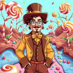 An illustration of Behram Radan dressed as Johnny Depp's character from a chocolate factory movie, showcasing a whimsical and colorful set inspired by a magical candy land