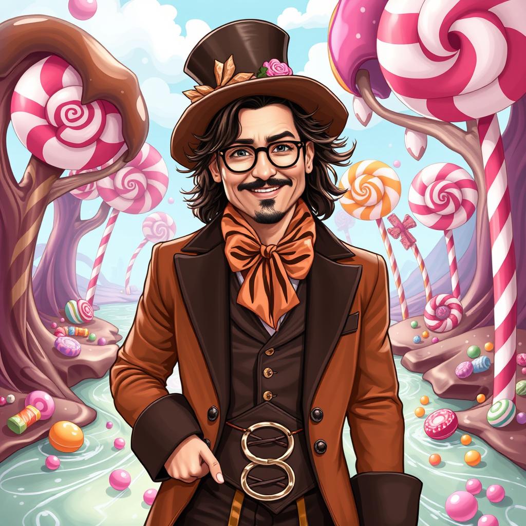 An illustration of Behram Radan dressed as Johnny Depp's character from a chocolate factory movie, showcasing a whimsical and colorful set inspired by a magical candy land