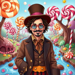 An illustration of Behram Radan dressed as Johnny Depp's character from a chocolate factory movie, showcasing a whimsical and colorful set inspired by a magical candy land